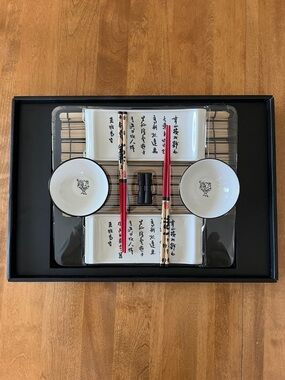 Vintage Sushi Serving Set with Rooster & Calligraphy and Red Chopsticks
